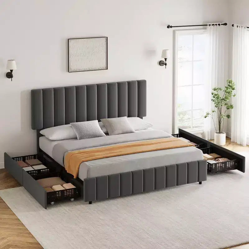 Cadre de lit, lit plateforme - taille double avec 4 tiroirs de rangement, tête de lit réglable en hauteur, rembourré en lin, aucun sommier tapissier requis (Gris)