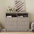 Commode 6 tiroirs pour chambre à coucher, chiffonnier de ferme avec 2 étagères ouvertes et portes cannelées, rangement et organisation pour le salon