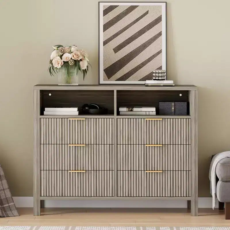 Commode 6 tiroirs pour chambre à coucher, chiffonnier de ferme avec 2 étagères ouvertes et portes cannelées, rangement et organisation pour le salon
