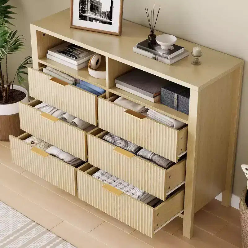 Commode 6 tiroirs pour chambre à coucher, chiffonnier de ferme avec 2 étagères ouvertes et portes cannelées, rangement et organisation pour le salon