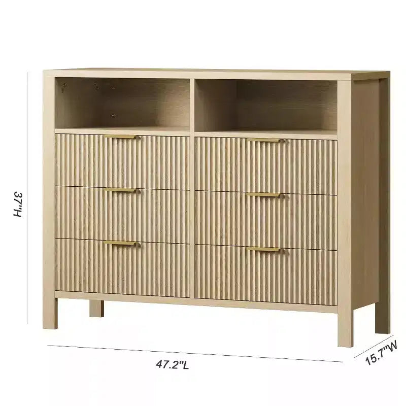 Commode 6 tiroirs pour chambre à coucher, chiffonnier de ferme avec 2 étagères ouvertes et portes cannelées, rangement et organisation pour le salon