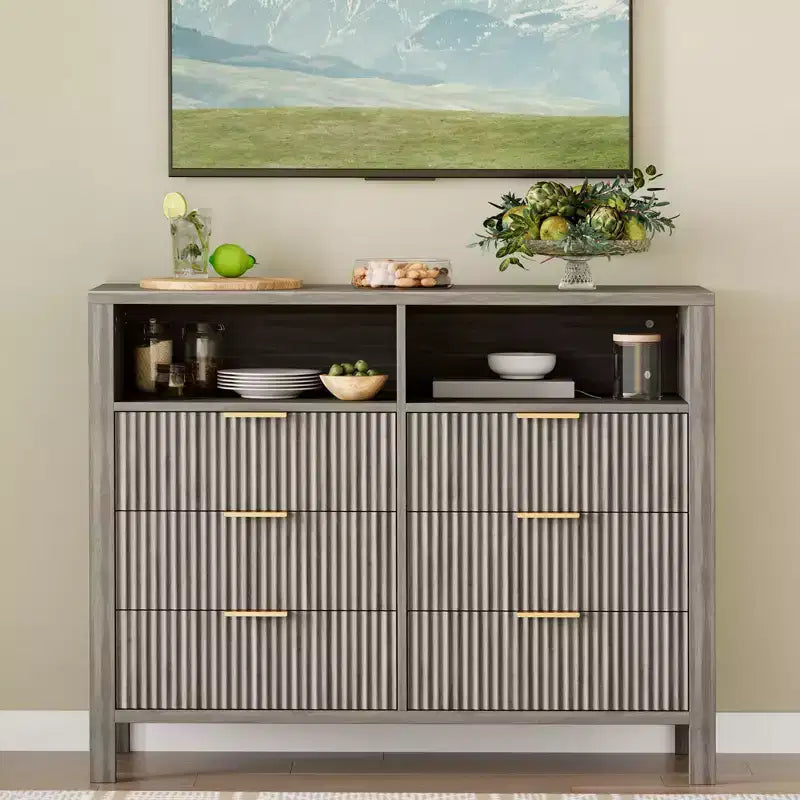 Commode 6 tiroirs pour chambre à coucher, chiffonnier de ferme avec 2 étagères ouvertes et portes cannelées, rangement et organisation pour le salon