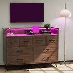 Commode 8 tiroirs, Meuble TV de chambre avec lumières LED et prise de courant, Grande commode pour couloir, salon, entrée