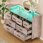 Commode 8 tiroirs, Meuble TV de chambre avec lumières LED et prise de courant, Grande commode pour couloir, salon, entrée