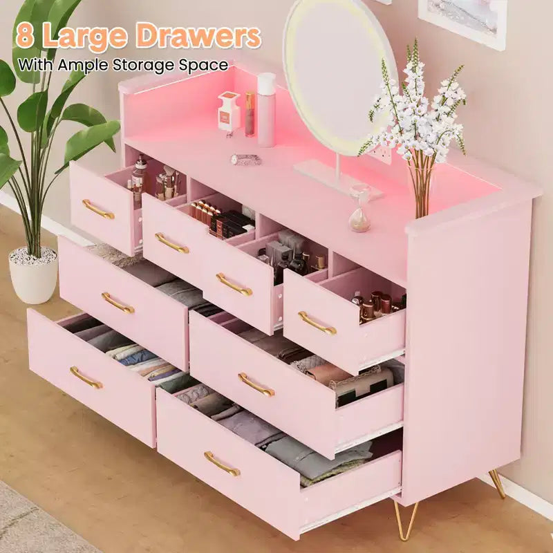 Commode 8 tiroirs, Meuble TV de chambre avec lumières LED et prise de courant, Grande commode pour couloir, salon, entrée