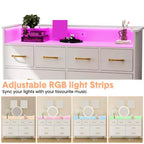 Commode 8 tiroirs, Meuble TV de chambre avec lumières LED et prise de courant, Grande commode pour couloir, salon, entrée