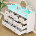 Commode 8 tiroirs, Meuble TV de chambre avec lumières LED et prise de courant, Grande commode pour couloir, salon, entrée