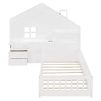 Lit plateforme double Polibi avec tiroirs de rangement, station de charge USB et tête de lit cabane à fenêtre