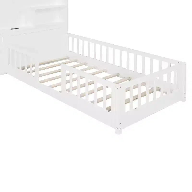 Lit plateforme double Polibi avec tiroirs de rangement, station de charge USB et tête de lit cabane à fenêtre