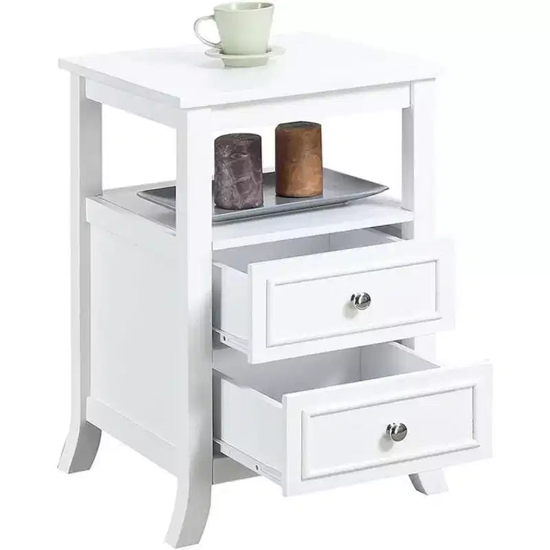 Table d'appoint HomeStock Belmont élégante et de style transitoire avec deux tiroirs, une étagère ouverte, des poignées en étain et des pieds en sabre pour le rangement dans le salon
