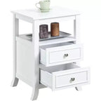 Table d'appoint HomeStock Belmont élégante et de style transitoire avec deux tiroirs, une étagère ouverte, des poignées en étain et des pieds en sabre pour le rangement dans le salon