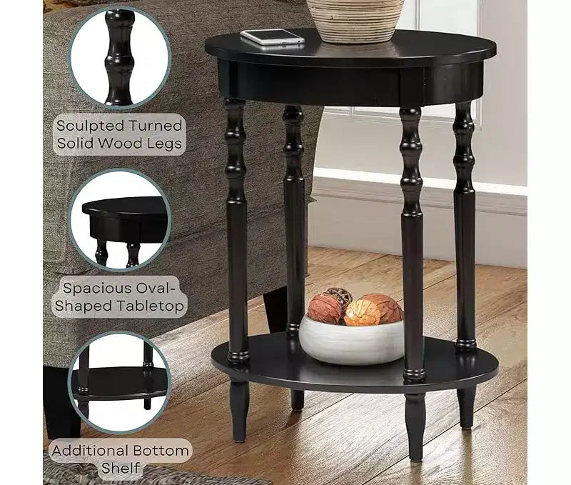 HomeStock Belmont Table d'appoint ovale 52 cm, Table d'appoint traditionnelle en bois massif avec étagère de rangement inférieure pour le salon ou le bureau