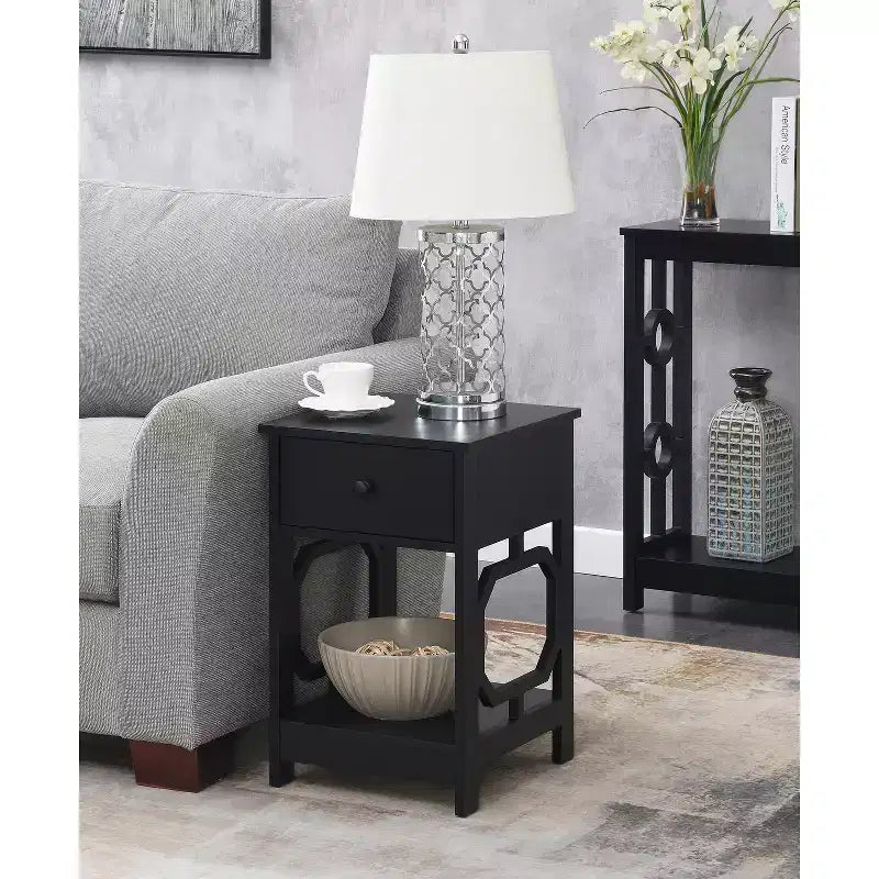 HomeStock Belmont 1 Drawer End Table with Octagon Side Design, Two Tier Shelves and Pull Out Drawer, Stylish Accent Table for Bedroom Storage