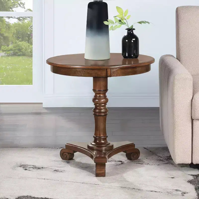 HomeStock Belmont, Table d'appoint avec piedestal, fini placage de bois massif, pied tourné, pieds volutes, table d'appoint traditionnelle pour toute pièce