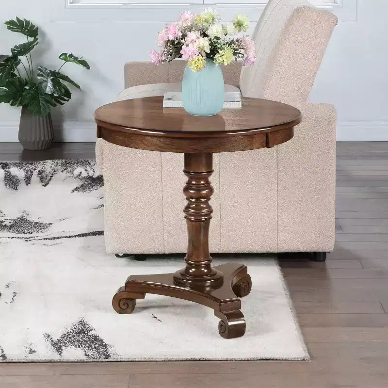 HomeStock Belmont, Table d'appoint avec piedestal, fini placage de bois massif, pied tourné, pieds volutes, table d'appoint traditionnelle pour toute pièce