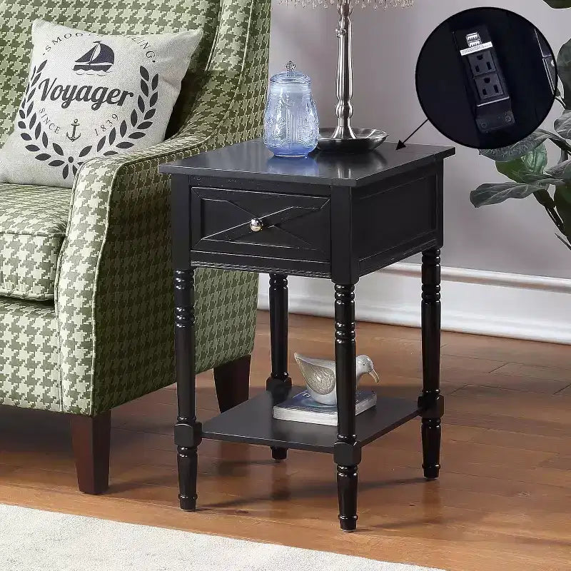 Table d'appoint HomeStock Belmont avec station de charge dissimulée, 2 prises, 2 ports USB, tiroir de rangement et étagère, table d'appoint élégante pour la maison