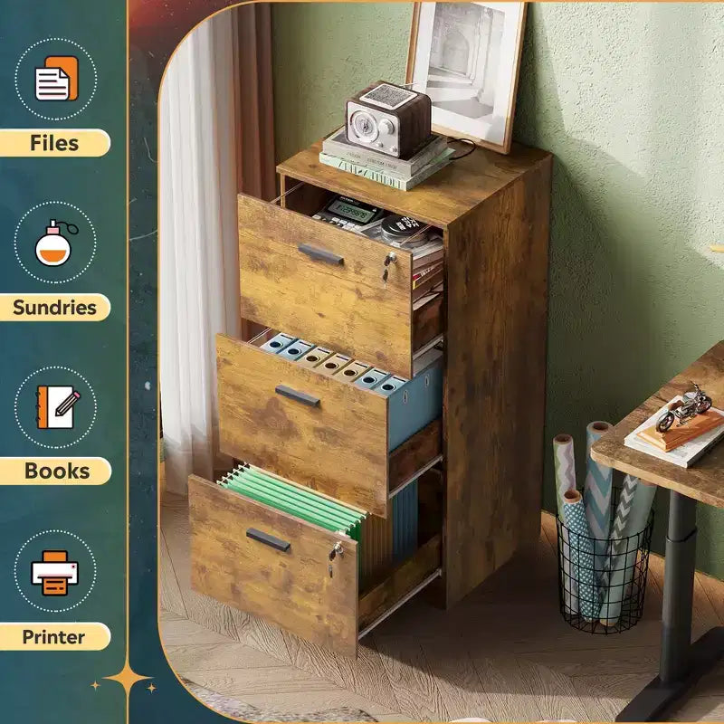 Meuble de classement vertical GALAXHERO à 3 tiroirs en bois avec serrure - Rangement pour bureau à domicile et support d'imprimante pour formats lettre/A4