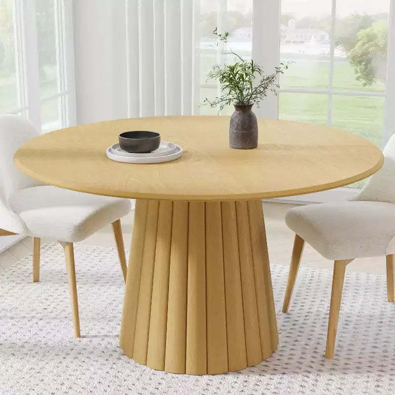 PexFix 52 Table de salle à manger ronde en bois, table de cuisine pour 4-6 personnes avec plateau à bords arqués et base conique texturée pour salon/salle à manger, café, bureau, naturel