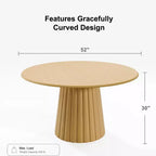PexFix 52 Table de salle à manger ronde en bois, table de cuisine pour 4-6 personnes avec plateau à bords arqués et base conique texturée pour salon/salle à manger, café, bureau, naturel