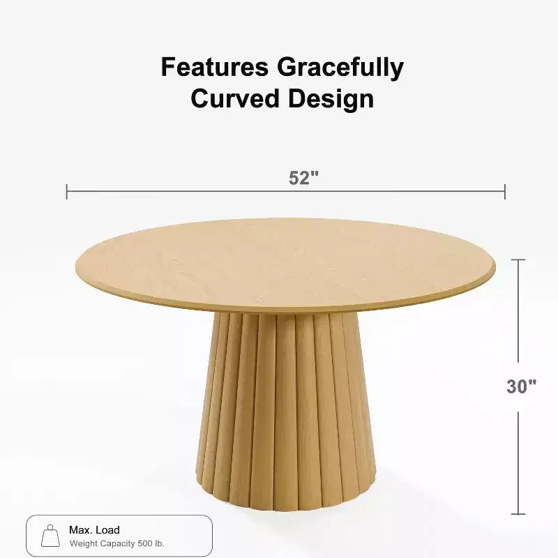 PexFix 52 Table de salle à manger ronde en bois, table de cuisine pour 4-6 personnes avec plateau à bords arqués et base conique texturée pour salon/salle à manger, café, bureau, naturel