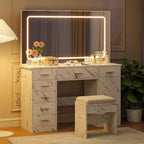 COZONY Coiffeuse Moderne, Table de Maquillage 7 Tiroirs avec Grand Miroir LED, Luminosité Réglable, Tabouret Rembourré et Rangement Caché, Blanc Marbre