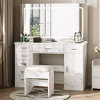 COZONY Coiffeuse Moderne, Table de Maquillage 7 Tiroirs avec Grand Miroir LED, Luminosité Réglable, Tabouret Rembourré et Rangement Caché, Blanc Marbre