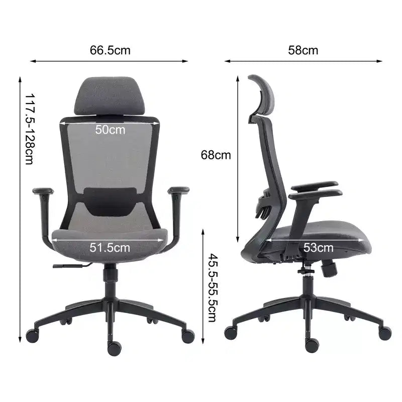 Chaise de bureau Okak à dossier haut, chaise de bureau avec appui-tête et roulettes, chaise de bureau en maille pour le bureau, le bureau ou la salle de lecture