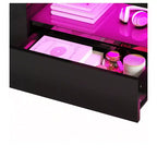 Table basse moderne pour salon, table basse LED laquée avec 2 tiroirs coulissants et étagère latérale ouverte, en bois
