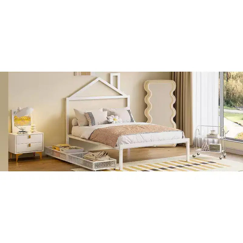 Lit double Bellemave pour enfants, lit double en métal avec tiroir pour garçons, filles, cadre de lit double avec tête de lit en forme de maison, lit cabane double, blanc