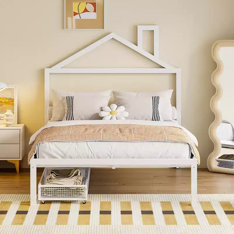 Lit double Bellemave pour enfants, lit double en métal avec tiroir pour garçons, filles, cadre de lit double avec tête de lit en forme de maison, lit cabane double, blanc