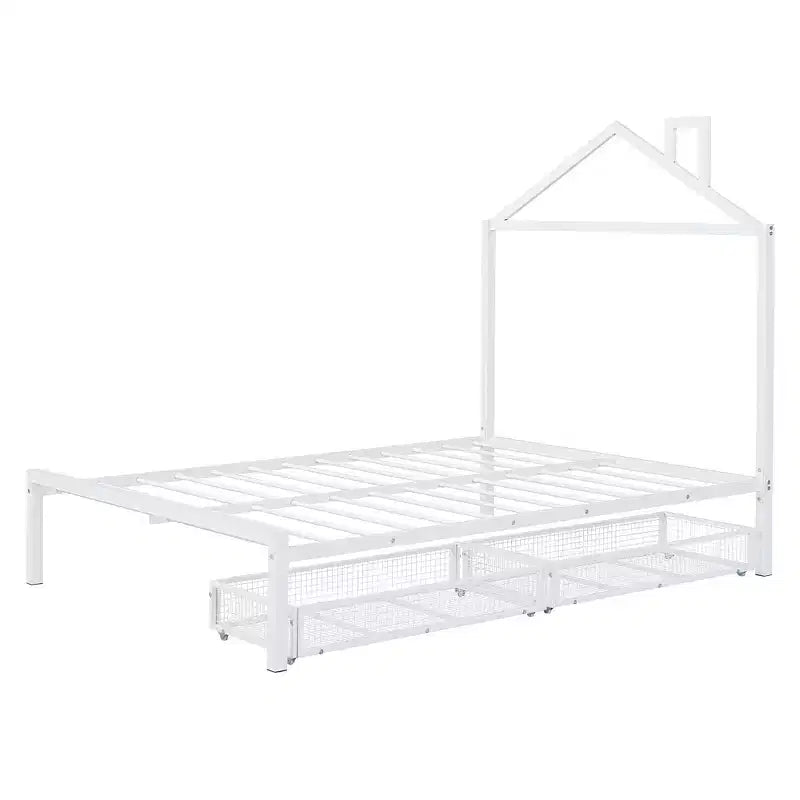 Lit double Bellemave pour enfants, lit double en métal avec tiroir pour garçons, filles, cadre de lit double avec tête de lit en forme de maison, lit cabane double, blanc
