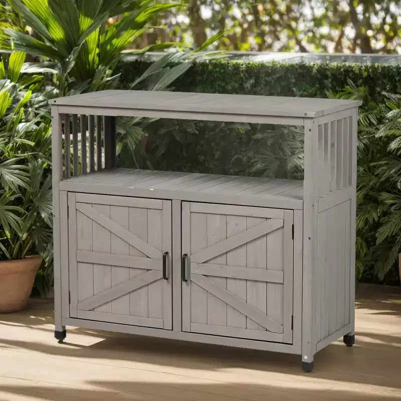 Meuble de rangement Okak avec établi de jardinage, meuble de cuisine avec 2 portes et 2 étagères, meuble bas pour salon, salle à manger, cuisine