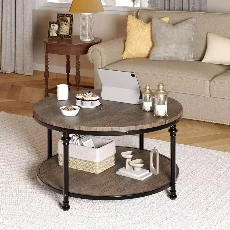 Table basse ronde pour salon, table centrale rustique avec étagère de rangement, table basse circulaire en bois avec pieds en métal robustes