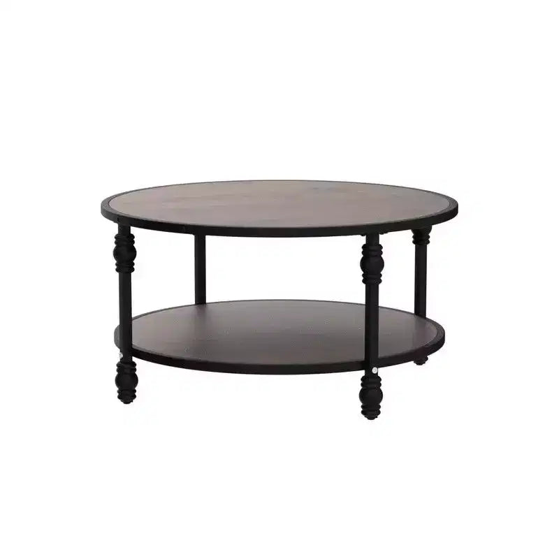 Table basse ronde pour salon, table centrale rustique avec étagère de rangement, table basse circulaire en bois avec pieds en métal robustes