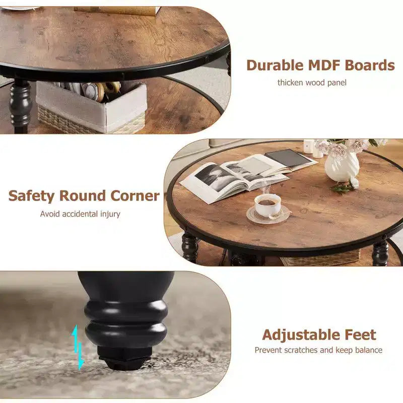 Table basse ronde pour salon, table centrale rustique avec étagère de rangement, table basse circulaire en bois avec pieds en métal robustes