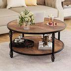 Round Coffee Table for Living Room Rustic Center Table with Storage Shelf Wood Circle Coffee Table with Sturdy Metal Legs