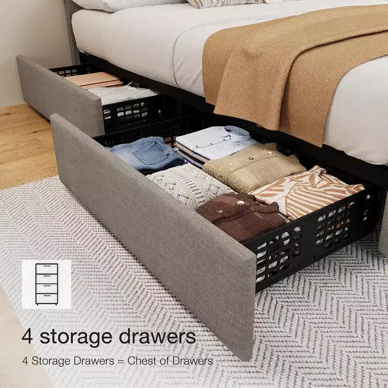 Cadre de lit plateforme Queen avec 4 tiroirs de rangement, tête de lit rembourrée réglable, revêtement capitonné avec boutons en losange, aucun sommier tapissier requis, gris