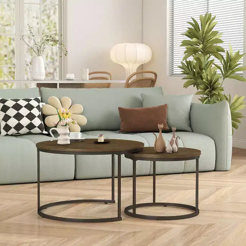 Zevemomo Lot de 2 tables basses gigognes, table basse en bois marron de 70,1 cm avec plateau à motif marbre et cadre en métal robuste, pour salon, chambre, terrasse, jardin