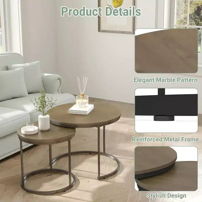 Zevemomo Lot de 2 tables basses gigognes, table basse en bois marron de 70,1 cm avec plateau à motif marbre et cadre en métal robuste, pour salon, chambre, terrasse, jardin