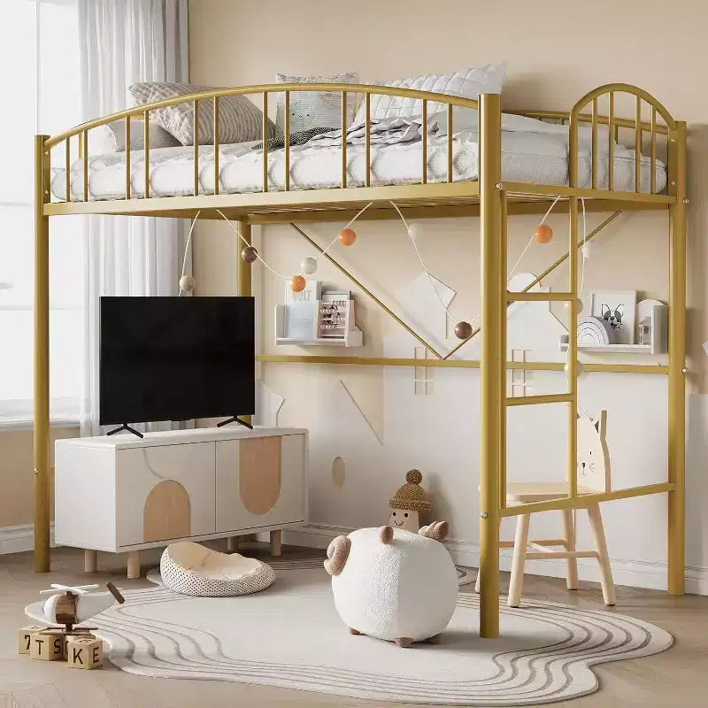 Lit mezzanine double avec escalier et garde-corps incurvé - Lattes métalliques robustes, gain de place, silencieux, pas besoin de sommier, idéal pour chambre d'enfant et dortoir, noir