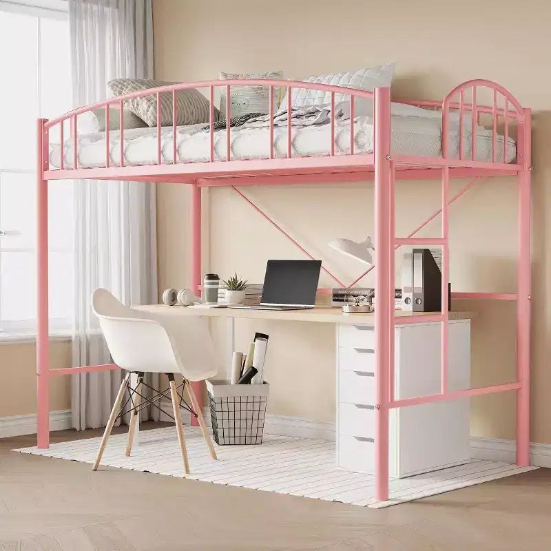 Lit mezzanine double avec escalier et garde-corps incurvé - Lattes métalliques robustes, gain de place, silencieux, pas besoin de sommier, idéal pour chambre d'enfant et dortoir, noir