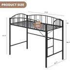 Lit mezzanine double avec escalier et garde-corps incurvé - Lattes métalliques robustes, gain de place, silencieux, pas besoin de sommier, idéal pour chambre d'enfant et dortoir, noir