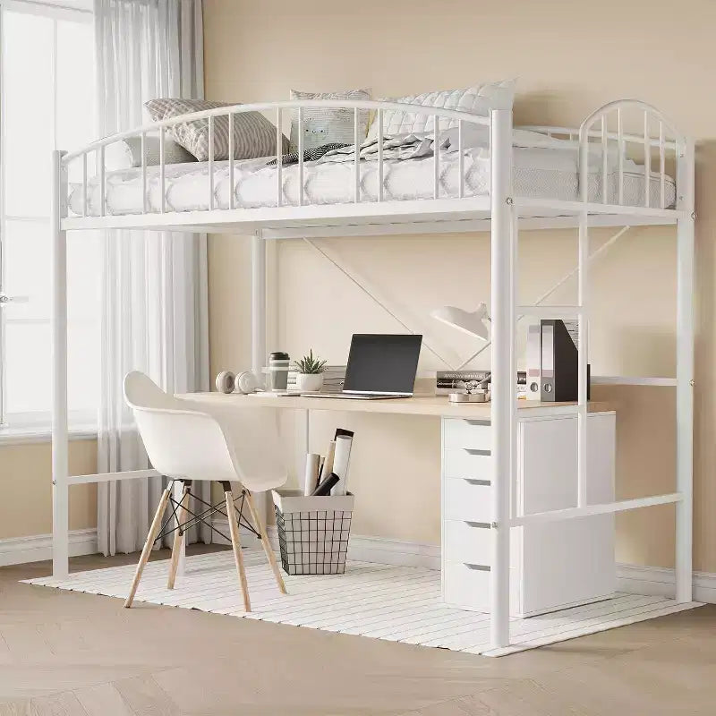 Lit mezzanine double avec escalier et garde-corps incurvé - Lattes métalliques robustes, gain de place, silencieux, pas besoin de sommier, idéal pour chambre d'enfant et dortoir, noir