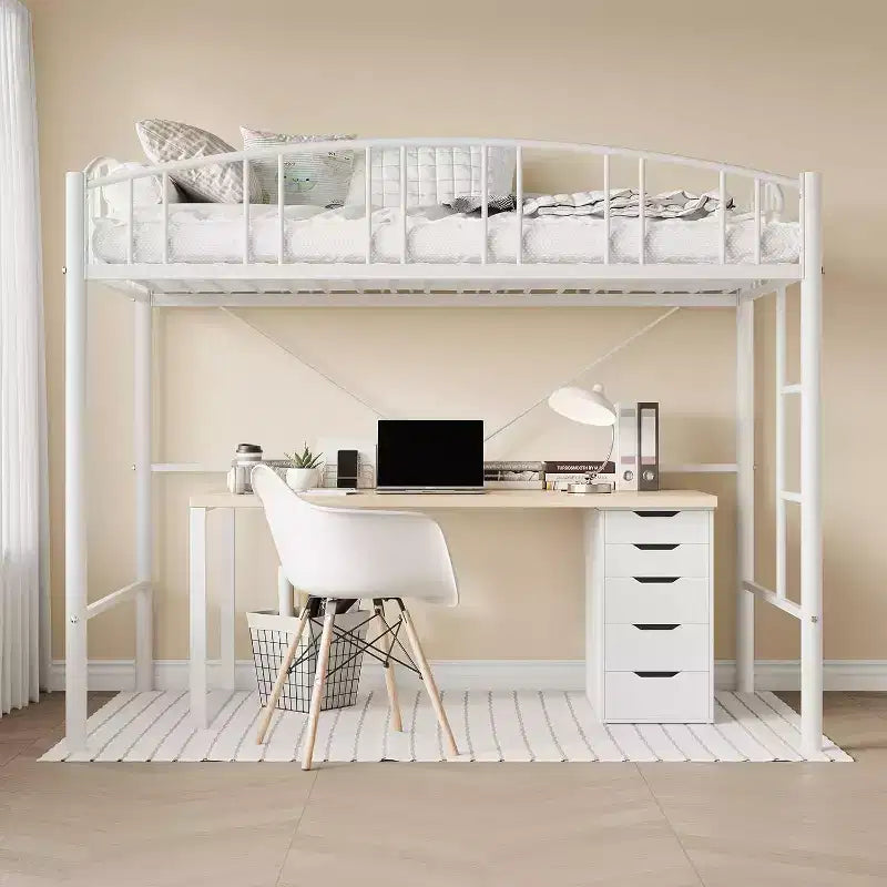 Lit mezzanine double avec escalier et garde-corps incurvé - Lattes métalliques robustes, gain de place, silencieux, pas besoin de sommier, idéal pour chambre d'enfant et dortoir, noir