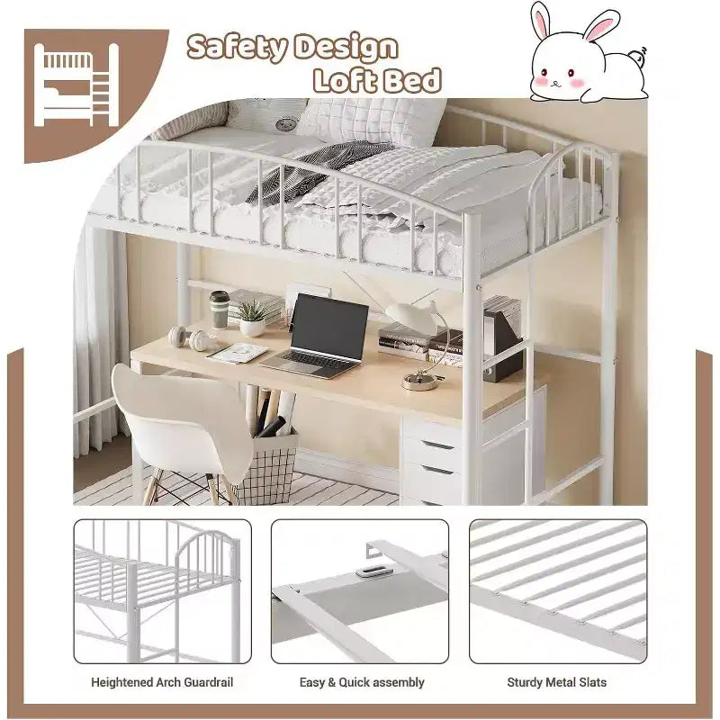 Lit mezzanine double avec escalier et garde-corps incurvé - Lattes métalliques robustes, gain de place, silencieux, pas besoin de sommier, idéal pour chambre d'enfant et dortoir, noir