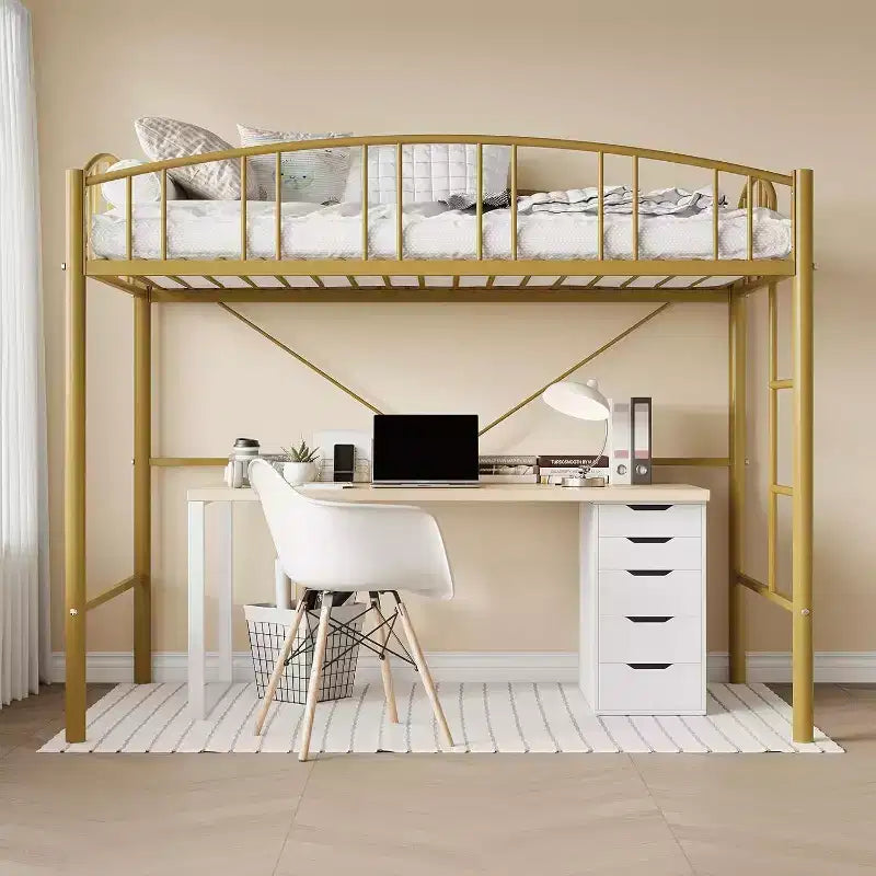 Lit mezzanine double avec escalier et garde-corps incurvé - Lattes métalliques robustes, gain de place, silencieux, pas besoin de sommier, idéal pour chambre d'enfant et dortoir, noir
