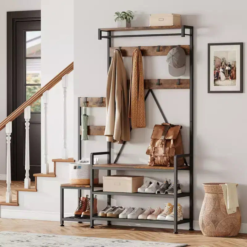 Meuble de rangement pour chaussures d'entrée avec banc, porte-manteau d'entrée avec 7 crochets et étagère de rangement, porte-manteau d'entrée pour couloir, buanderie, chambre