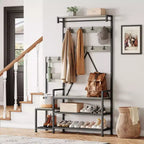 Meuble de rangement pour chaussures d'entrée avec banc, porte-manteau d'entrée avec 7 crochets et étagère de rangement, porte-manteau d'entrée pour couloir, buanderie, chambre
