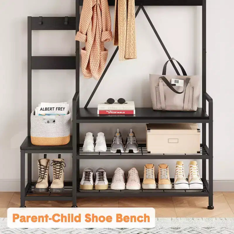Meuble de rangement pour chaussures d'entrée avec banc, porte-manteau d'entrée avec 7 crochets et étagère de rangement, porte-manteau d'entrée pour couloir, buanderie, chambre
