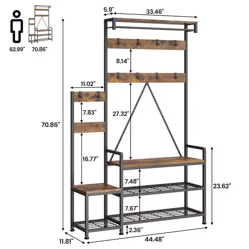 Meuble de rangement pour chaussures d'entrée avec banc, porte-manteau d'entrée avec 7 crochets et étagère de rangement, porte-manteau d'entrée pour couloir, buanderie, chambre